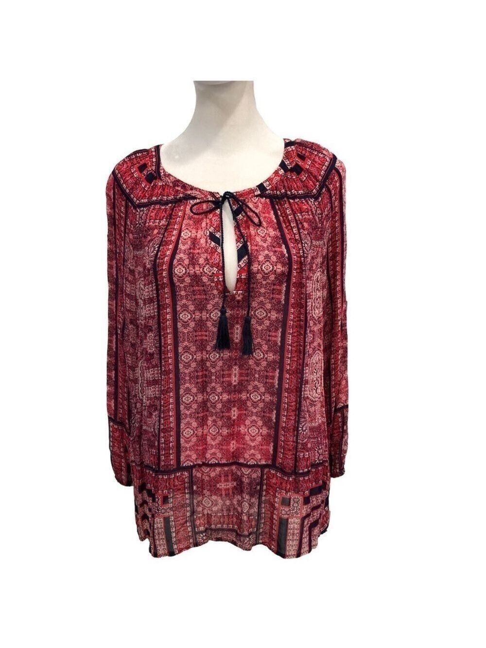 Lucky Brand Size M long sleeve top  bandana like print v neck ties tassels